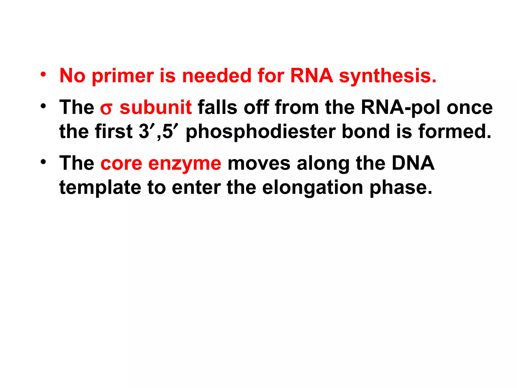 • No primer is needed for RNA synthesis.
• The σ subunit falls off from the RNA-pol once
the first 3′,5′ phosphodiester bond is formed.
• The core enzyme moves along the DNA
template to enter the elongation phase.
 
