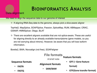 BIOINFORMATICS ANALYSIS
Data alignment
We need to align the sequence data to our genome of interest
 If aligning RNA-Seq data to the genome, always pick a slice-aware aligner
TopHat2, MapSplice, SOAPSplice, Passion, SpliceMap, RUM, ABMapper, CRAC,
GSNAP, HMMSplicer, Olego, BLAT
 There are excellent aligners available that are not splice-aware. These are useful
for aligning directly to an already available transcriptome (gene models, so you
are not worrying about introns). However, be aware that you will lose isoform
information.
Bowtie2, BWA, Novoalign (not free), SOAPaligner
Sequence formats
• FASTA
• FASTQ
Alignment formats
• SAM/BAM
Feature formats
• GFF (– Gene feature
format)
• GTF(Gene transfer format)
File formats
A brief note
 