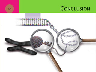 CONCLUSION
To analyze differences between gene expression patterns of cancer cells and their normal counter parts.
Examining which transcripts are present in a cell.
Allows rapid, detailed analysis of thousands of transcripts in a cell.
By comparing different types of cells, generate profiles that will help to understand healthy cells and what
goes wrong in diseases.
By comparing different types of cells, generate profiles that will help to understand healthy cells and what
goes wrong in diseases.
To identify downstream targets of oncogenes and tumor suppresser genes.
Studied the tumors of pancreatic and colon tumors.
Zhang et al.(1997)Science, 276(5316), 1268-1272.
59
 