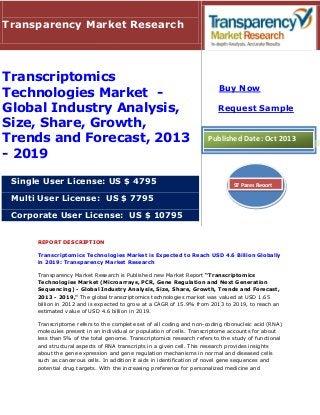 Transparency Market Research

Transcriptomics
Technologies Market Global Industry Analysis,
Size, Share, Growth,
Trends and Forecast, 2013
- 2019
Single User License: US $ 4795

Buy Now
Request Sample

Published Date: Oct 2013

97 Pages Report

Multi User License: US $ 7795
Corporate User License: US $ 10795
REPORT DESCRIPTION
Transcriptomics Technologies Market is Expected to Reach USD 4.6 Billion Globally
in 2019: Transparency Market Research
Transparency Market Research is Published new Market Report “Transcriptomics
Technologies Market (Microarrays, PCR, Gene Regulation and Next Generation
Sequencing) - Global Industry Analysis, Size, Share, Growth, Trends and Forecast,
2013 - 2019," The global transcriptomics technologies market was valued at USD 1.65
billion in 2012 and is expected to grow at a CAGR of 15.9% from 2013 to 2019, to reach an
estimated value of USD 4.6 billion in 2019.
Transcriptome refers to the complete set of all coding and non-coding ribonucleic acid (RNA)
molecules present in an individual or population of cells. Transcriptome accounts for about
less than 5% of the total genome. Transcriptomics research refers to the study of functional
and structural aspects of RNA transcripts in a given cell. This research provides insights
about the gene expression and gene regulation mechanisms in normal and diseased cells
such as cancerous cells. In addition it aids in identification of novel gene sequences and
potential drug targets. With the increasing preference for personalized medicine and

 