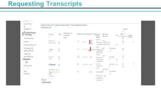Requesting Transcripts
F Q..CLJlQII.'11;:: III.HUI!
enrichme
nt
program
s
scholarships
& money
scholarship
match
scholarship list
scholarship
applications
national
scholarship
searchresourc
es
transcnpt
s
	
  
test
scores
t add to this list I request transcripts Iview detailed status
Icompare me
Action
s
Colleg
e
Applying via
Common
App?
Submissions Oeadlinet Transcript
Office
Status
Edit
Man ;<
C<lmmuni<at
ion
Graph
II'WW
My App.
Results
Type
Arizona
State Univ E
J
Initia
lQ app ..
,
"'
I2
J
(';5/1/13 materials submitted
Accepted submitted
Initi
alQ 1/15/ 15
app
requested materials
submitted
submitted
Accepted
cl
[g
J
Initia
lQ app ..
,
"'
I2
J
2/1/ 12 sent materials
subrrutted
submitted
Initial
materials
app
submitte
d
submitted
	
  
Mid-year app
submitted
submitted
Accepte
d
s 11/30/14 sent
	
  
	
  
Q
Accepte
d
">
"'
l
¥1
(';
Accepted
c/
sent
R
O
Auburn
Univ
R
O
Bavtor
Univ
R
O
R
O
Oocufide lnst of
Tech !not a real
ROLL
collegeI
Delete
Application
 