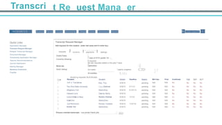 Transcri t Re uest Mana er
. NA VI AN C E Students Planner Courses ScholarshipS Colleges Careers Connections Reports 0 &archfor Student I 0 I
Quick Links
Application Manager
Transqiot Reqyest Manager
Multiple Transcnpt Manager
Document Manager
Scholarship Application Manager
Teacher Recommendations
Journal Dashboard
Mailing Manager
Naviance Cumculum
PrepMe
Transcript Request Manager
	
  
Add requests for this student: (enter last name and hrt enter key)
requests J
Grade/Class:
Currently showing:
students I payments I settings
rdass of 2015 (grade 12L..:_
8 requests
All new requests added in the past 7 days
l(selectlist)Show me:
Quick lookup:
:]
C2Dlast name:
id number.
l and/or recipient:
1..!12.)
1..!}
2_'
showO>g requests:1to 8 (8 total)
Process selected transcripts: View printer-friend ylist : , 'J!O 
U all
r
Recipient
Uof Al Tuscaloosa
Student
Asly, Troy
Added
619/15
Deadline Mailed
pending
Mid-Year
N/A
Final
N/A
Confirmed
No
Paid
No
SAT
No
ACT
No
0 The Ohio State University Caya,Matthew 619/15 211/13 pending N/A N/A No No No No
0 Allegheny Coli Marko,Dreu 619/15 2115113 pending N/A N/A No No No No
0 Oakland Univ Delamer,Marty 619/15 pending N/A N/A No No No No
0 Coli of William & Mary Romeo, Chelsea 619/15 1/1/14 pending NIA NIA No No No No
0 AdelphiUniv Marko,Dreu 619/15 pending N/A N/A No No No No
0 Uof Richmond Romeo, Chelsea 619/15 1/15114 pending N/A N/A No No No No
c
Acadia Univ Marko,Dreu 619/15 pending N/A NIA No No No No
 