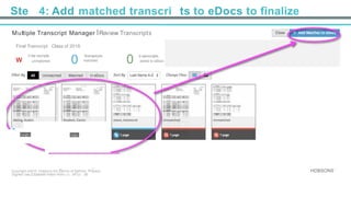 Ste 4: Add matched transcri ts to eDocs to finalize
Multiple Transcript Manager IReview Transcripts
	
  
Final Transcript Class of 201S
2 tra nscripts
W unmatched 0
3transcripts
matched 0 added to eDocs
0 uanscripts
- 2pages
.... "'-- 4 · ......... ·----
1page
Copyrtght e2015, Hobsons Inc.ITerms of SefVice IPnvacy HOBSONS '
Signed Illas Elizabeltl Halim from QA - MTU - JB
 