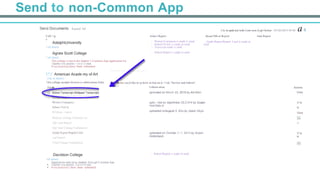 Send to non-Common App
Send Documents Expand All
l.Ai st upda ted with Com mon A,pp Online: 0512612015 08:46 a4
Coll<>g
e
lnitia I Report
-  Wnnen Evaluaoon is ready to send
-  School Profile is ready to send
-  Transcript ready to send
-  School Report is ready to send
idyear/Oth er Report
	
  
- Grade Report/Report Card is ready to
send
final Report
AdelphiUniversity
f ull details
	
  
Agnes Scott College
f ull details
This college is not in the student 's Common App application list
Teacher eva uauons: 1 m.n I 2 max
0 eva luation(s}have been submitted
rms you'd like to su bmit on line an d <l ick "Review and Submit".
I nform ation
up/coded on Morch 23, 2015 by Art Allen
Actions
View
!;";! American Acade my of Art
-i1de fu Idetails
This college accepts electron ic submissions.Selec
For
Written Evaluation
School Prof.le
M1dyear .<eport
Midyear Change Explanat>on
Opt>onal Report
Opt>onal Change Explanaoon
Grade Report/Report Card
nal Qeport
F'mal Change Explanation
uplc-::1ed on Sep!tmber 23,2.014 by Susan
Holo'tnb«.k
uploaded onAugust 3, 20ld by Joson Vlcys
V1e
w
View
Ve
v
uploaded on October 2<1, 2014 by Suson
Hollenbeck
V1e
w
Ve
Davidson College
0ull details
Application sean:ed by student hrou-gh Common App
•  Teacher eva uauons: 2 m.n I 4 max
•  0 eva luation(s} have been submitted
- School Report is ready to send
 