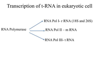 Transcription of t-RNA in eukaryotic cell
RNA Polymerase
RNA Pol I- r RNA (18S and 26S)
RNA Pol II – m RNA
RNA Pol III- t RNA
 