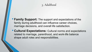 3. Adulthood
•Family Support: The support and expectations of the
family during adulthood can influence career choices,
marriage decisions, and overall life satisfaction.
•Cultural Expectations: Cultural norms and expectations
related to marriage, parenthood, and work-life balance
shape adult roles and responsibilities.
 