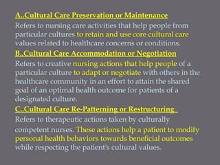 A..Cultural Care Preservation or Maintenance
Refers to nursing care activities that help people from
particular cultures to retain and use core cultural care
values related to healthcare concerns or conditions.
B..Cultural Care Accommodation or Negotiation
Refers to creative nursing actions that help people of a
particular culture to adapt or negotiate with others in the
healthcare community in an effort to attain the shared
goal of an optimal health outcome for patients of a
designated culture.
C..Cultural Care Re-Patterning or Restructuring
Refers to therapeutic actions taken by culturally
competent nurses. These actions help a patient to modify
personal health behaviors towards beneﬁcial outcomes
while respecting the patient's cultural values.
 