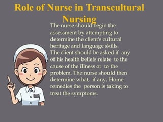 Role of Nurse in Transcultural
Nursing
The nurse should begin the
assessment by attempting to
determine the client's cultural
heritage and language skills.
The client should be asked if any
of his health beliefs relate to the
cause of the illness or to the
problem. The nurse should then
determine what, if any, Home
remedies the person is taking to
treat the symptoms.
 