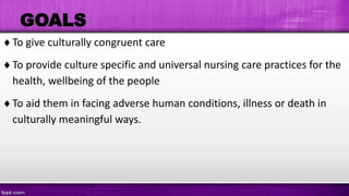 GOALS
To give culturally congruent care
To provide culture specific and universal nursing care practices for the
health, wellbeing of the people
To aid them in facing adverse human conditions, illness or death in
culturally meaningful ways.
 