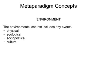 Metaparadigm Concepts
ENVIRONMENT
The environmental context includes any events
• physical
• ecological
• sociopolitical
• cultural
 