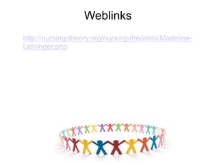 Weblinks
http://nursing-theory.org/nursing-theorists/Madeline-
Leininger.php
 