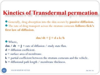 06/04/16SAGAR KISHOR SAVALE62
Generally, drug absorption into the skin occurs by passive diffusion.
The rate of drug transport across the stratum corneum follows fick’s
first law of diffusion.
dm/dt = J = d a k/h
Where,
dm / dt = J = rate of diffusion / study state flux.
d = diffusion coefficient.
a = surface area of membrane.
k = partial coefficient between the stratum corneum and the vehicle.
h = diffusional path length / membrane thickness.
 