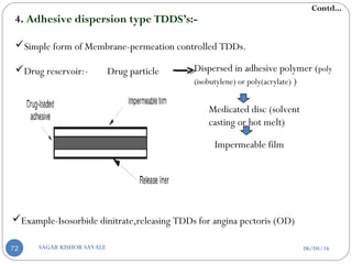 4. Adhesive dispersion type TDDS’s:-
Simple form of Membrane-permeation controlled TDDs.
Drug reservoir:- Drug particle Dispersed in adhesive polymer (poly
(isobutylene) or poly(acrylate) )
Medicated disc (solvent
casting or hot melt)
Impermeable film
Example-Isosorbide dinitrate,releasing TDDs for angina pectoris (OD)
Contd...
06/04/16SAGAR KISHOR SAVALE72
 