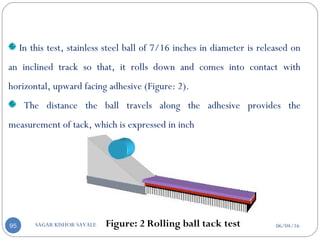 06/04/16SAGAR KISHOR SAVALE95 Figure: 2 Rolling ball tack test
In this test, stainless steel ball of 7/16 inches in diameter is released on
an inclined track so that, it rolls down and comes into contact with
horizontal, upward facing adhesive (Figure: 2).
The distance the ball travels along the adhesive provides the
measurement of tack, which is expressed in inch
 