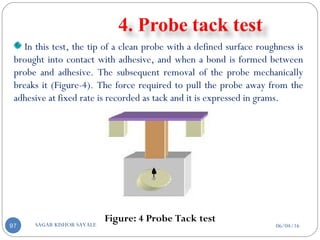 06/04/16SAGAR KISHOR SAVALE97
Figure: 4 Probe Tack test
In this test, the tip of a clean probe with a defined surface roughness is
brought into contact with adhesive, and when a bond is formed between
probe and adhesive. The subsequent removal of the probe mechanically
breaks it (Figure-4). The force required to pull the probe away from the
adhesive at fixed rate is recorded as tack and it is expressed in grams.
 