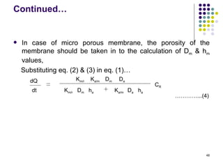 Continued…


   In case of micro porous membrane, the porosity of the
    membrane should be taken in to the calculation of Dm & hm
    values,
    Substituting eq. (2) & (3) in eq. (1)…
      dQ            Km/r   Ka/m Dm    Da
                                                  CR
       dt        Km/r Dm ha          Ka/m Da ha
                                                       …………...(4)




                                                                48
 