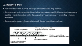 A. Reservoir Type
• It involves the system in which the drug is enclosed within a drug reservoir.
• The drug reservoir is encapsulated in a shallow compartment moulded from a drug impermeable
metallic – plastic lamination whilst the drug delivery side is covered by controlling polymeric
membrane.
• The drug molecules are released only through the rate controlling membrane.
15
 