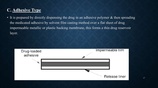 C. Adhesive Type
• It is prepared by directly dispensing the drug in an adhesive polymer & then spreading
the medicated adhesive by solvent film casting method over a flat sheet of drug
impermeable metallic or plastic backing membrane, this forms a thin drug reservoir
layer.
17
 