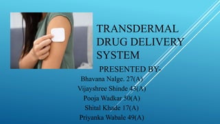 TRANSDERMAL
DRUG DELIVERY
SYSTEM
PRESENTED BY-
Bhavana Nalge. 27(A)
Vijayshree Shinde 43(A)
Pooja Wadkar 50(A)
Shital Khade 17(A)
Priyanka Wabale 49(A)
 