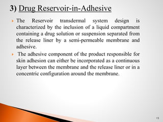  The Reservoir transdermal system design is
characterized by the inclusion of a liquid compartment
containing a drug solution or suspension separated from
the release liner by a semi-permeable membrane and
adhesive.
 The adhesive component of the product responsible for
skin adhesion can either be incorporated as a continuous
layer between the membrane and the release liner or in a
concentric configuration around the membrane.
15
 