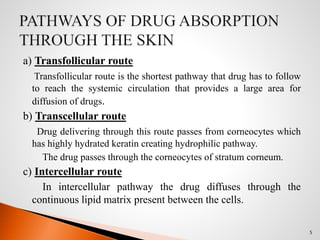 a) Transfollicular route
Transfollicular route is the shortest pathway that drug has to follow
to reach the systemic circulation that provides a large area for
diffusion of drugs.
b) Transcellular route
Drug delivering through this route passes from corneocytes which
has highly hydrated keratin creating hydrophilic pathway.
The drug passes through the corneocytes of stratum corneum.
c) Intercellular route
In intercellular pathway the drug diffuses through the
continuous lipid matrix present between the cells.
5
 
