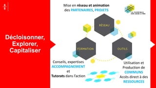 Décloisonner,
Explorer,
Capitaliser
6
8
Mise en réseau et animation
des PARTENAIRES, PROJETS
Utilisation et
Production de
COMMUNS
Accès direct à des
RESSOURCES
Conseils, expertises
ACCOMPAGNEMENT
et
Tutorats dans l’action
 