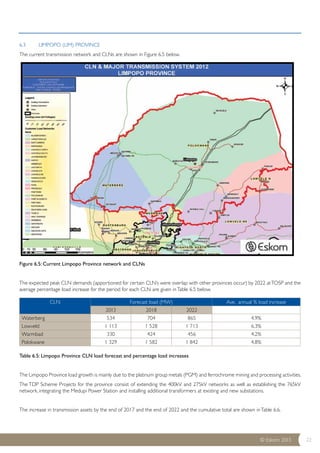 CLN Forecast load (MW) Ave. annual % load increase 
Waterberg 534 704 865 4.9% 
Lowveld 1 113 1 528 1 713 6.3% 
Warmbad 330 424 456 4.2% 
Polokwane 1 329 1 582 1 842 4.8% 
© Eskom 2013 22 
6.3 LIMPOPO (LIM) PROVINCE 
The current transmission network and CLNs are shown in Figure 6.5 below. 
Figure 6.5: Current Limpopo Province network and CLNs 
The expected peak CLN demands (apportioned for certain CLN’s were overlap with other provinces occur) by 2022 at TOSP and the 
average percentage load increase for the period for each CLN are given in Table 6.5 below. 
2013 2018 2022 
Table 6.5: Limpopo Province CLN load forecast and percentage load increases 
The Limpopo Province load growth is mainly due to the platinum group metals (PGM) and ferrochrome mining and processing activities. 
The TDP Scheme Projects for the province consist of extending the 400kV and 275kV networks as well as establishing the 765kV 
network, integrating the Medupi Power Station and installing additional transformers at existing and new substations. 
The increase in transmission assets by the end of 2017 and the end of 2022 and the cumulative total are shown in Table 6.6. 
 