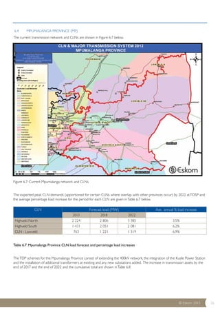 CLN Forecast load (MW) Ave. annual % load increase 
Highveld North 2 224 2 806 3 385 3.5% 
Highveld South 1 431 2 051 2 081 6.2% 
CLN - Lowveld 763 1 221 1 319 6.9% 
© Eskom 2013 26 
6.4 MPUMALANGA PROVINCE (MP) 
The current transmission network and CLNs are shown in Figure 6.7 below. 
Figure 6.7: Current Mpumalanga network and CLNs 
The expected peak CLN demands (apportioned for certain CLNs where overlap with other provinces occur) by 2022 at TOSP and 
the average percentage load increase for the period for each CLN are given in Table 6.7 below. 
2013 2018 2022 
Table 6.7: Mpumalanga Province CLN load forecast and percentage load increases 
The TDP schemes for the Mpumalanga Province consist of extending the 400kV network, the integration of the Kusile Power Station 
and the installation of additional transformers at existing and any new substations added. The increase in transmission assets by the 
end of 2017 and the end of 2022 and the cumulative total are shown in Table 6.8 
 