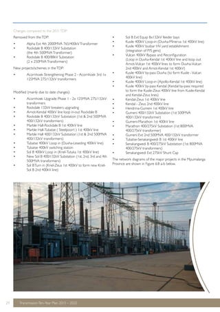 Removed from the TDP: 
• Alpha Ext 4th 2000MVA 765/400kV Transformer 
• Rockdale B 400/132kV Substation 
(the 4th 500MVA Transformer) 
• Rockdale B 400/88kV Substation 
(2 x 250MVA Transformers) 
New projects/schemes in the TDP: 
• Acornhoek Strengthening Phase 2 - Acornhoek 3rd 1x 
125MVA 275/132kV transformers 
Modified (mainly due to date changes): 
• Acornhoek Upgrade Phase 1 - 2x 125MVA 275/132kV 
transformers 
• Rockdale 132kV breakers upgrading 
• Arnot-Kendal 400kV line loop in-out Rockdale B 
• Rockdale B 400/132kV Substation (1st & 2nd 500MVA 
400/132kV transformers) 
• Marble Hall-Rockdale B 1st 400kV line 
• Marble Hall-Tubatse ( Steelpoort ) 1st 400kV line 
• Marble Hall 400/132kV Substation (1st & 2nd 500MVA 
400/132kV transformers) 
• Tubatse 400kV Loop in (Duvha-Leseding 400kV line) 
• Tubatse 400kV switching station 
• Sol B 400kV Loop in (Kriel-Tutuka 1st 400kV line) 
• New Sol B 400/132kV Substation (1st, 2nd, 3rd and 4th 
500MVA transformers) 
• Sol B Turn in (Kriel-Zeus 1st 400kV to form new Kriel- 
Sol B 2nd 400kV line) 
29 Transmission Ten-Year Plan 2013 – 2022 
• Sol B Ext Equip 8x132kV feeder bays 
• Kusile 400kV Loop-in (Duvha-Minerva 1st 400kV line) 
• Kusile 400kV busbar HV yard establishment 
(integration of P/S gens) 
• Vulcan 400kV Bypass and Reconfiguration 
(Loop in Duvha-Kendal 1st 400kV line and loop out 
Arnot-Vulcan 1st 400kV lines to form Duvha-Vulcan 
2nd 400kV and Arnot-Kendal 1st 400kV) 
• Kusile 400kV by-pass Duvha (to form Kusile - Vulcan 
400kV line) 
• Kusile 400kV Loop-in (Apollo-Kendal 1st 400kV line) 
• Kusile 400kV by-pass Kendal (Kendal by-pass required 
to form the Kusile-Zeus 400kV line from Kusile-Kendal 
and Kendal-Zeus lines) 
• Kendal-Zeus 1st 400kV line 
• Kendal - Zeus 2nd 400kV line 
• Hendrina-Gumeni 1st 400kV line 
• Gumeni 400/132kV Substation (1st 500MVA 
400/132kV transformer) 
• Gumeni-Marathon 1st 400kV line 
• Marathon 400/275kV Substation (1st 800MVA 
400/275kV transformer) 
• Gumeni Ext 2nd 500MVA 400/132kV transformer 
• Tubatse-Senakangwedi B 1st 400kV line 
• Senakangwedi B 400/275kV Substation (1st 800MVA 
400/275kV transformers) 
• Senakangwedi Ext 275kV Shunt Cap 
The network diagrams of the major projects in the Mpumalanga 
Province are shown in Figure 6.8 a-b below. 
Changes compared to the 2011 TDP: 
 