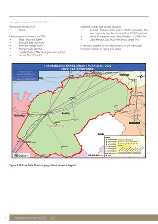 Removed from the TDP: 
• None 
New projects/schemes in the TDP: 
• Beta - Harvard 400kV 
• Harvard 400/132kV S/S 
• Harvard-Merapi 400kV 
• Merapi 400/132kV S/S 
• Tugela-Sorata 275kV (energise existing line) 
• Sorata 275/132kV S/S 
37 Transmission Ten-Year Plan 2013 – 2022 
Modified (mainly due to date changes): 
• Everest - Merapi 275kV (built at 400kV standards). This 
was previously specified to be built at 275kV standards. 
• Series Compensation on Zeus-Perseus 1st 765kV line 
• Zeus-Perseus 2nd 765kV line (most direct line) 
A network diagram of the major projects in the Free State 
Province is shown in Figure 6.12 below. 
Changes compared to the 2011 TDP: 
Figure 6.12: Free State Province geographical network diagram 
 