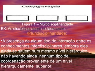 Figura 1 – Multidisciplinaridade EX: As disciplinas atuam isoladamente. Pluridisciplinaridade:   A presença de algum tipo de interação entre os conhecimentos interdisciplinares, embora eles ainda se situem num mesmo nível hierárquico, não havendo ainda  nenhum tipo de coordenação proveniente de um nível hierarquicamente  superior. 