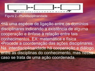 Procede a coordenação das ações disciplinares. Na  interdisciplinaridade há cooperação e diálogo entre as disciplinas do conhecimento, mas nesse caso se trata de uma ação coordenada. Figura 2 - Pluridisciplinaridade Há uma espécie de ligação entre os domínios disciplinares indicando a existência de alguma cooperação e ênfase à relação entre tais conhecimentos. EX: matemática e física  