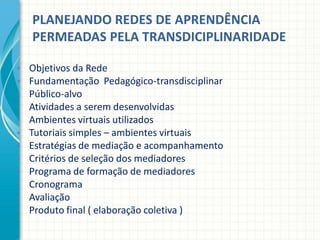 PLANEJANDO REDES DE APRENDÊNCIA
PERMEADAS PELA TRANSDICIPLINARIDADE
• Objetivos da Rede
• Fundamentação Pedagógico-transdisciplinar
• Público-alvo
• Atividades a serem desenvolvidas
• Ambientes virtuais utilizados
• Tutoriais simples – ambientes virtuais
• Estratégias de mediação e acompanhamento
• Critérios de seleção dos mediadores
• Programa de formação de mediadores
• Cronograma
• Avaliação
• Produto final ( elaboração coletiva )
 