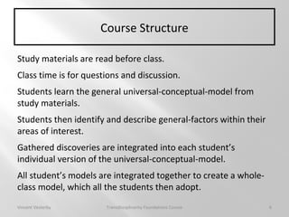 Course Structure
Study materials are read before class.
Class time is for questions and discussion.
Students learn the general universal-conceptual-model from
study materials.
Students then identify and describe general-factors within their
areas of interest.
Gathered discoveries are integrated into each student’s
individual version of the universal-conceptual-model.
All student’s models are integrated together to create a whole-
class model, which all the students then adopt.
Vincent Vesterby Transdisciplinarity Foundations Course 6
 
