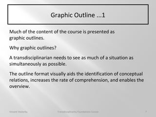 Graphic Outline ...1
Much of the content of the course is presented as
graphic outlines.
Why graphic outlines?
A transdisciplinarian needs to see as much of a situation as
simultaneously as possible.
The outline format visually aids the identification of conceptual
relations, increases the rate of comprehension, and enables the
overview.
Vincent Vesterby Transdisciplinarity Foundations Course 7
 