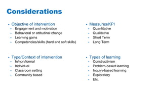 Considerations
• Objective of intervention
• Engagement and motivation
• Behavioral or attitudinal change
• Learning gains
• Competencies/skills (hard and soft skills)
• Type/Context of intervention
• In/non/formal
• Individual
• Classroom setting
• Community based
• Measures/KPI
• Quantitative
• Qualitative
• Short Term
• Long Term
• Types of learning
• Constructivism
• Problem-based learning
• Inquiry-based learning
• Exploratory
• Etc.
 