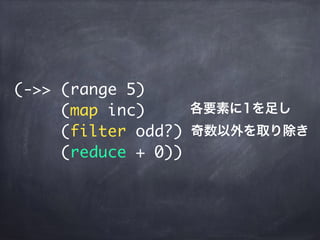 (->> (range 5)
(map inc)
(filter odd?)
(reduce + 0))
各要素に1を足し
奇数以外を取り除き
 
