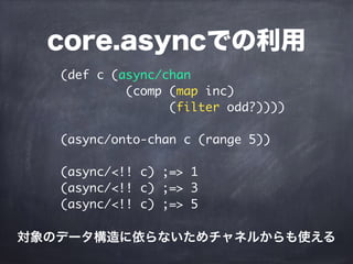 core.asyncでの利用
(def c (async/chan
(comp (map inc)
(filter odd?))))
(async/onto-chan c (range 5))
(async/<!! c) ;=> 1
(async/<!! c) ;=> 3
(async/<!! c) ;=> 5
対象のデータ構造に依らないためチャネルからも使える
 