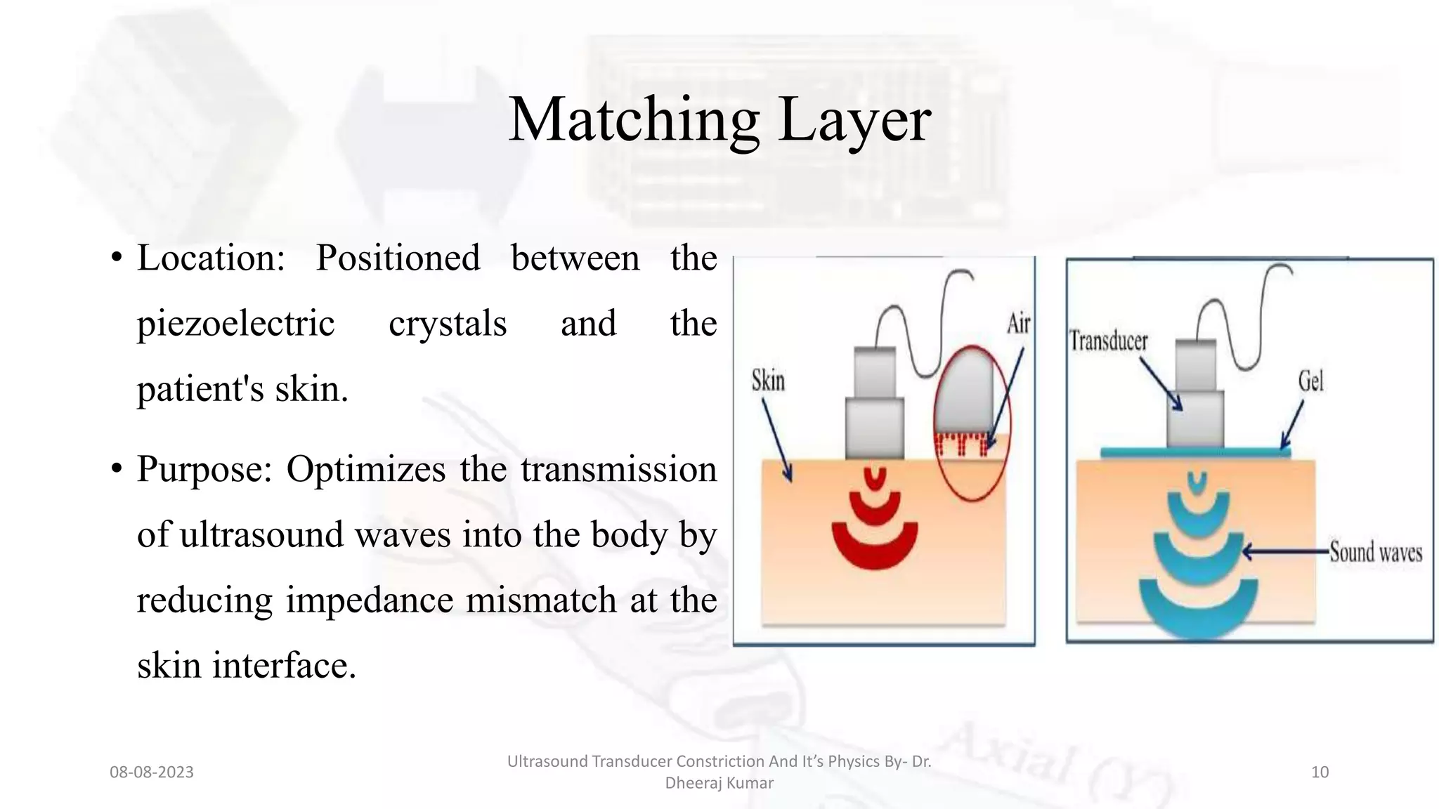 Matching Layer
• Location: Positioned between the
piezoelectric crystals and the
patient's skin.
• Purpose: Optimizes the transmission
of ultrasound waves into the body by
reducing impedance mismatch at the
skin interface.
08-08-2023
Ultrasound Transducer Constriction And It’s Physics By- Dr.
Dheeraj Kumar
10
 