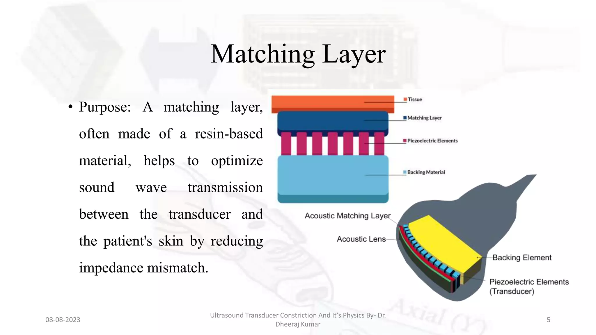 Matching Layer
• Purpose: A matching layer,
often made of a resin-based
material, helps to optimize
sound wave transmission
between the transducer and
the patient's skin by reducing
impedance mismatch.
08-08-2023
Ultrasound Transducer Constriction And It’s Physics By- Dr.
Dheeraj Kumar
5
 
