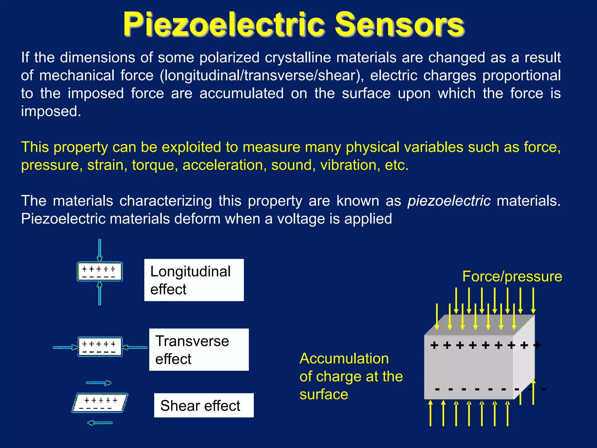 + + + + + + + + +
- - - - - - - - -
Force/pressure
Accumulation
of charge at the
surface
If the dimensions of some polarized crystalline materials are changed as a result
of mechanical force (longitudinal/transverse/shear), electric charges proportional
to the imposed force are accumulated on the surface upon which the force is
imposed.
This property can be exploited to measure many physical variables such as force,
pressure, strain, torque, acceleration, sound, vibration, etc.
The materials characterizing this property are known as piezoelectric materials.
Piezoelectric materials deform when a voltage is applied
Piezoelectric Sensors
Longitudinal
effect
Transverse
effect
Shear effect
 
