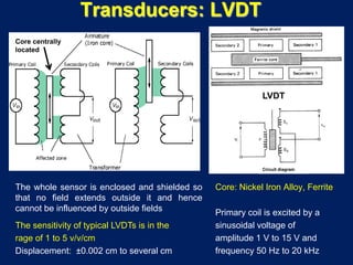 Transducers: LVDT
Core: Nickel Iron Alloy, Ferrite
Primary coil is excited by a
sinusoidal voltage of
amplitude 1 V to 15 V and
frequency 50 Hz to 20 kHz
The sensitivity of typical LVDTs is in the
rage of 1 to 5 v/v/cm
Displacement: ±0.002 cm to several cm
The whole sensor is enclosed and shielded so
that no field extends outside it and hence
cannot be influenced by outside fields
LVDT
Circuit diagram
Core centrally
located
 