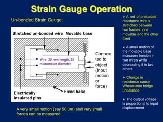 Strain Gauge Operation
Un-bonded Strain Gauge:
Movable base
Fixed base
Wire: 25 mm length, 25
micrometer diameter
Electrically
insulated pins
Stretched un-bonded wire
Connec
ted to
object
(Input
motion
or
force)
 A set of preloaded
resistance wire is
stretched between
two frames: one
movable and the other
fixed
 A small motion of
the movable base
increases tension in
two wires while
decreasing it in two
others.
 Change in
resistance cause
Wheatstone bridge
unbalance
 The output voltage
is proportional to input
displacementA very small motion (say 50 µm) and very small
forces can be measured
 