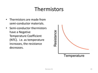 Thermistors
• Thermistors are made from
  semi-conductor materials.
• Semi-conductor thermistors




                                         Resistance
  have a Negative
  Temperature Coefficient
  (NTC). i.e. as temperature
  increases, the resistance
  decreases.

                                                      Temperature


                           Revision 01                              20
 
