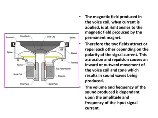 • The magnetic field produced in
  the voice coil, when current is
  applied, is at right angles to the
  magnetic field produced by the
  permanent magnet.
• Therefore the two fields attract or
  repel each other depending on the
  polarity of the signal current. This
  attraction and repulsion causes an
  inward or outward movement of
  the voice coil and cone which
  results in sound waves being
  produced.
• The volume and frequency of the
  sound produced is dependant
  upon the amplitude and
  frequency of the input signal
  current.
 