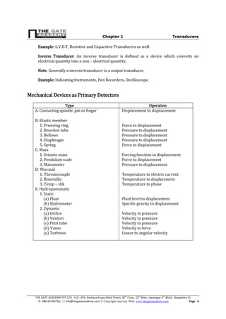 Chapter 1 Transducers
THE GATE ACADEMY PVT.LTD. H.O.: #74, Keshava Krupa (third Floor), 30th
Cross, 10th
Main, Jayanagar 4th
Block, Bangalore-11
: 080-65700750,  info@thegateacademy.com © Copyright reserved. Web: www.thegateacademy.com Page 4
Example: L.V.D.T, Resistive and Capacitive Transducers as well.
Inverse Transducer: An inverse transducer is defined as a device which converts an
electrical quantity into a non – electrical quantity.
Note: Generally a inverse transducer is a output transducer.
Example: Indicating Instruments, Pen Recorders, Oscilloscope.
Mechanical Devices as Primary Detectors
Type Operation
A. Contacting spindle, pin or finger
B. Elastic member
1. Prooving ring
2. Bourdon tube
3. Bellows
4. Diaphragm
5. Spring
C. Mass
1. Seismic mass
2. Pendulum scale
3. Manometer
D. Thermal
1. Thermocouple
2. Bimetallic
3. Temp – slik
E. Hydropneumatic
1. Static
(a) Float
(b) Hydrometer
2. Dynamic
(a) Orifice
(b) Venturi
(c) Pitot tube
(d) Vanes
(e) Turbines
Displacement to displacement
Force to displacement
Pressure to displacement
Pressure to displacement
Pressure to displacement
Force to displacement
Forcing function to displacement
Force to displacement
Pressure to displacement
Temperature to electric current
Temperature to displacement
Temperature to phase
Fluid level to displacement
Specific gravity to displacement
Velocity to pressure
Velocity to pressure
Velocity to pressure
Velocity to force
Linear to angular velocity
 