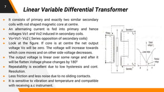 7
Linear Variable Differential Transformer
● It consists of primary and exactly two similar secondary
coils with rod shaped magnetic core at centre.
● An alternating current is fed into primary and hence
voltages Vo1 and Vo2 induced in secondary coils.
● Vo=Vo1- Vo2 ( Series opposition of secondary coils)
● Look at the figure. If core is at centre the net output
voltage Vo will be zero. The voltage will increase towards
which core moves and on other side voltage decreases.
● The output voltage is linear over some range and after it
will be flatten.Voltage phase changes by 1800
● Repeatablity is excellent due to low hysteresis and cont.
Resolution.
● Less friction and less noise due to no sliding contacts.
● It is sensitive to vibration and temperature and compatible
with receiving a.c instrument.
 