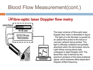 Blood Flow Measurement(cont.)
Fibre-optic laser Doppler flow metry
The basic scheme of fibre-optic laser
Doppler flow metry is illustrated in figure
. The light of a He–Ne laser is guided by
an optical fibre probe to the tissue or
vascular network being studied. The
light is diffusely scattered and partially
absorbed within the illuminated volume.
Light hitting moving blood cells
undergoes a slight Doppler shift. The
blood flow rate is derived by the
spectrum-analysis of the back-scattered
signal, which presents aflow-dependent
Doppler-shifted frequency.
 
