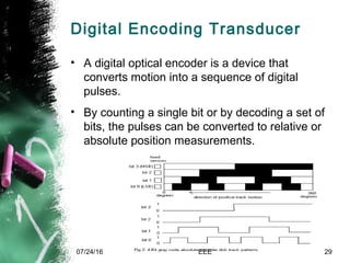 Digital Encoding Transducer
• A digital optical encoder is a device that
converts motion into a sequence of digital
pulses.
• By counting a single bit or by decoding a set of
bits, the pulses can be converted to relative or
absolute position measurements.
07/24/16 EEE 29
 