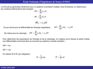La formule se généralise facilement pour un système à excitation multiple. Avec M bobines, on obtient pour
les variations élémentaires des énergies :



M
j
j
j
e dt
i
u
W
1




M
j
j
j
j dt
i
R
W
1
2



 d
W m
m 
Ce qui donne pour la différentielle de l’énergie magnétique : 



M
j
m
j
j d
d
i
dW
1



De même pour la coénergie : 



M
j
m
j
j d
d
i
dW
1
'



Pour déterminer les expressions de l’énergie et de la coénergie, on imagine qu’on bloque la partie mobile.
Les différentielles s’écrivent alors en revenant au système à simple excitation :
dW = i.d
dW’ = i.d
On obtient W et W’ par intégration :




d
i
W . 

i
di
W .
'

ENISO 2018-2019
École Nationale d’Ingénieurs de Sousse ENISO
 
